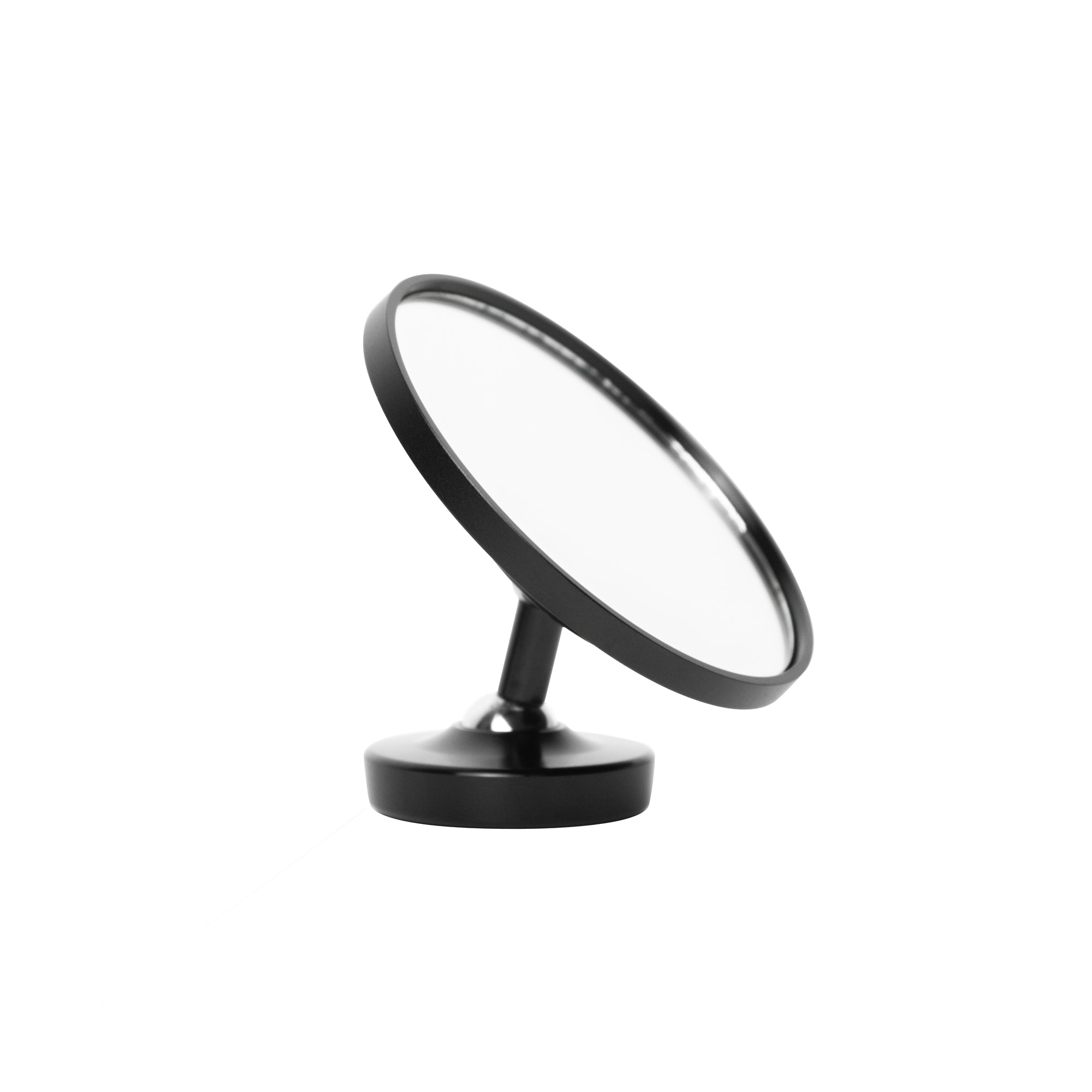 Round Espresso Shot Mirror with sleek metal frame and beveled edge