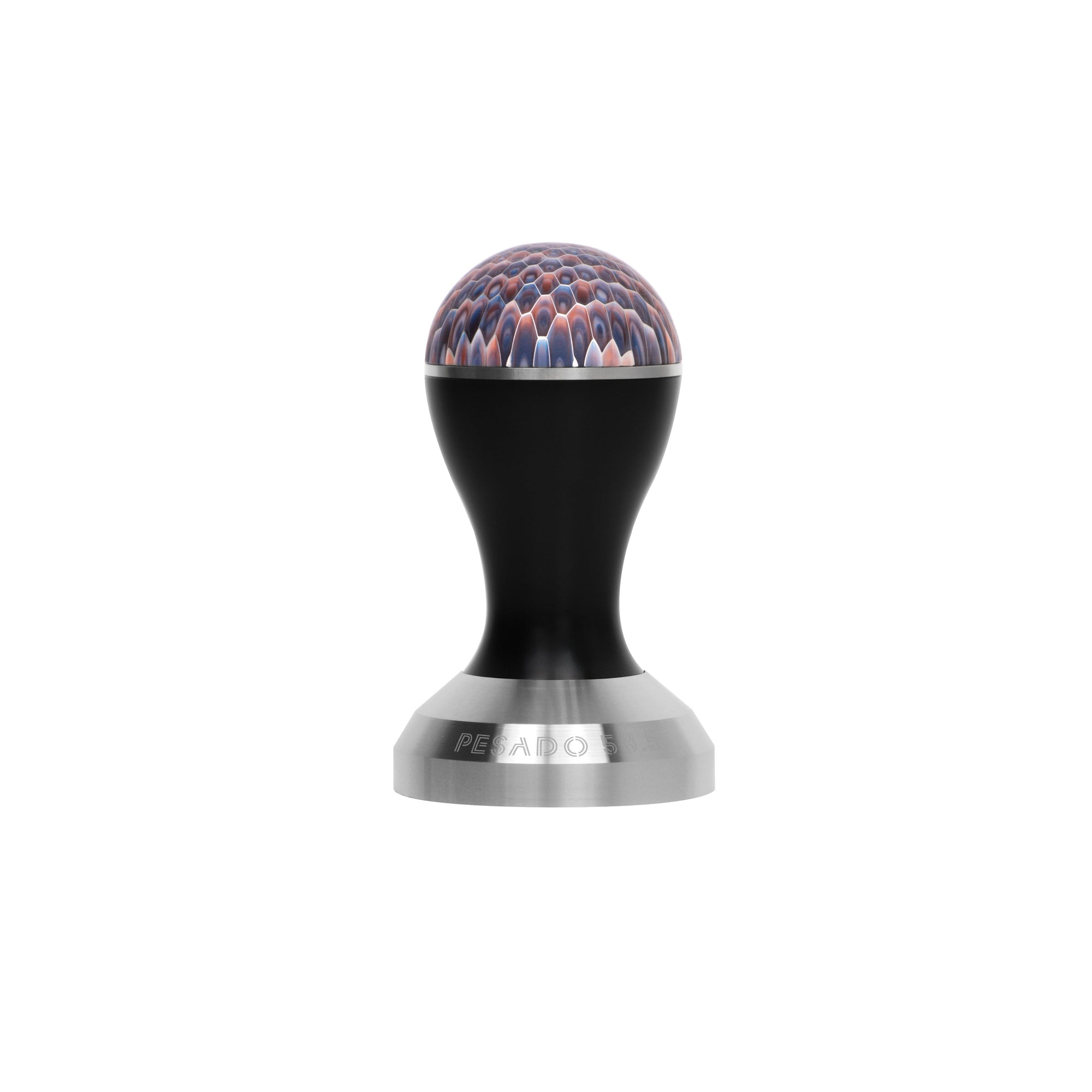 Stainless steel espresso tamper with black handle for coffee preparation