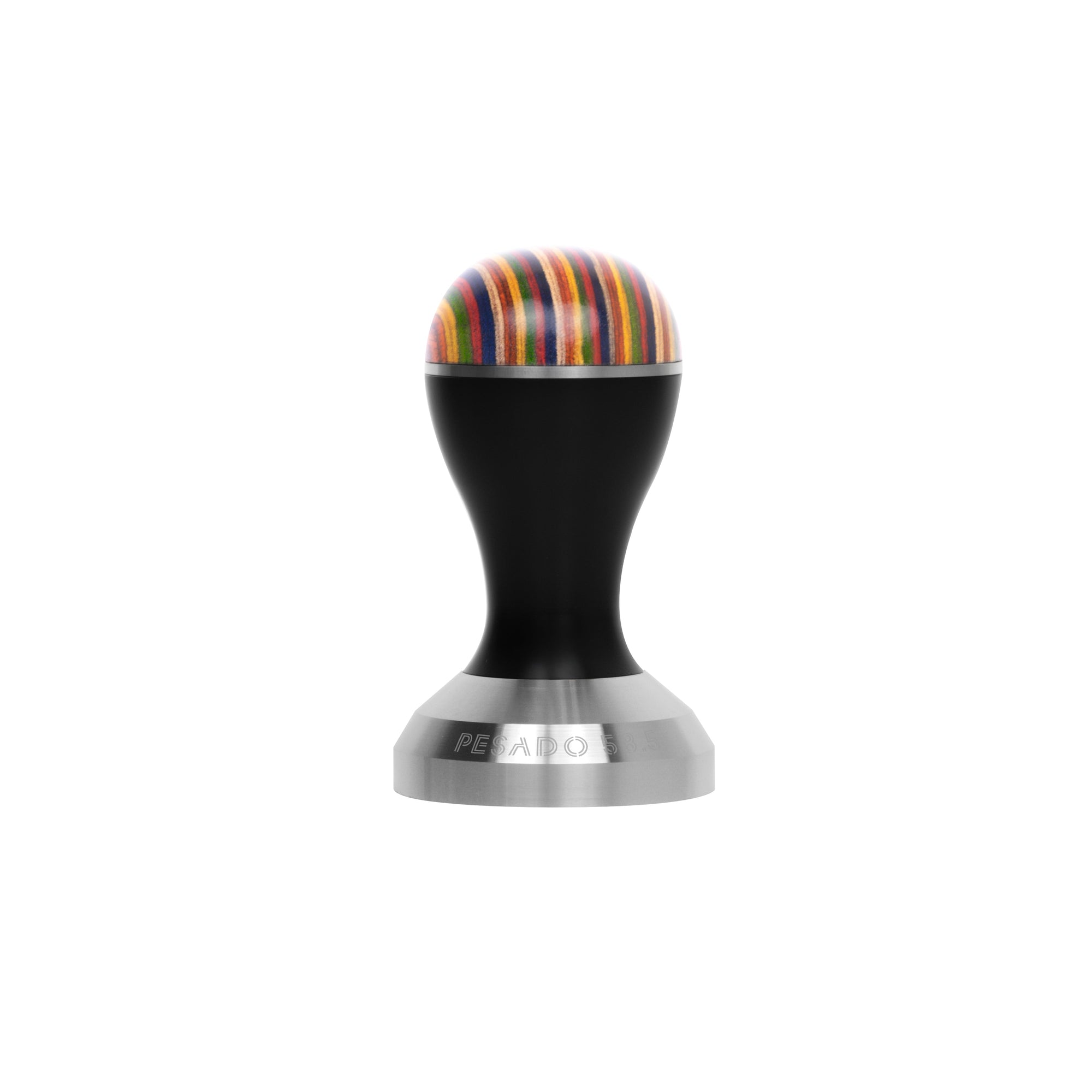 Stainless steel espresso tamper with wooden handle, essential for compacting coffee grounds in portafilter basket, barista tool for achieving optimal extraction