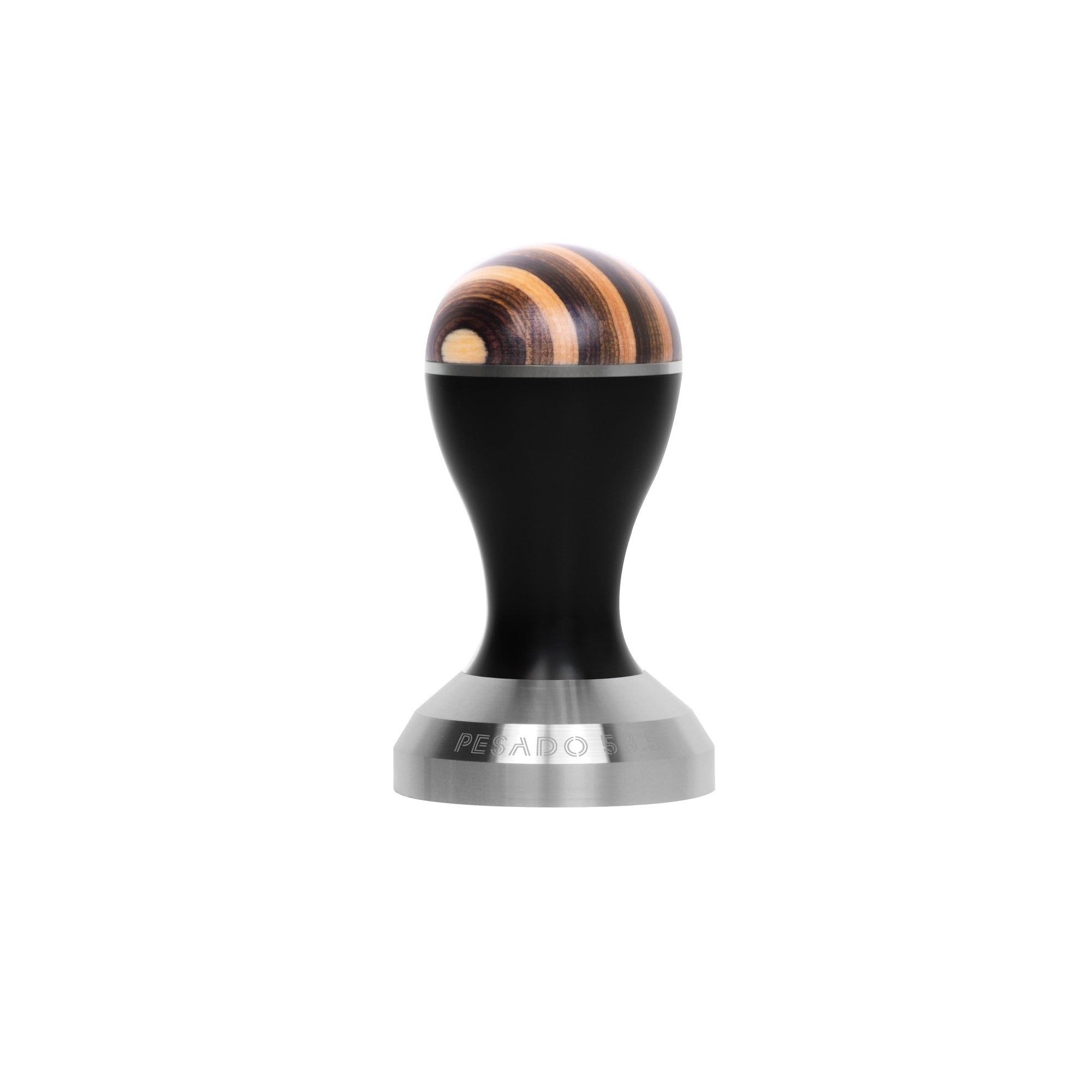 Stainless steel tamper for evenly pressing coffee grounds in a portafilter