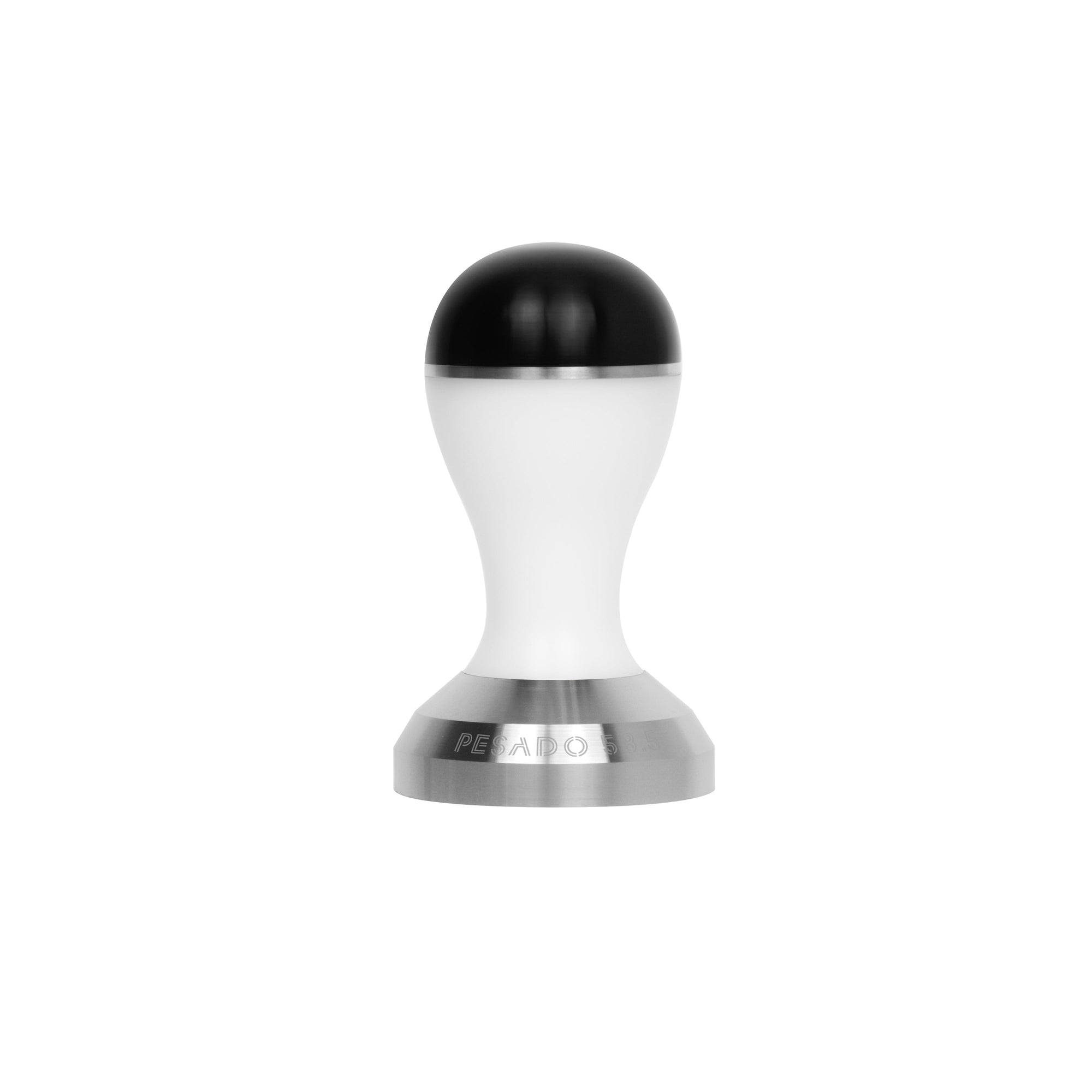 Black stainless steel tamper for coffee brewing with wooden handle and smooth, flat base