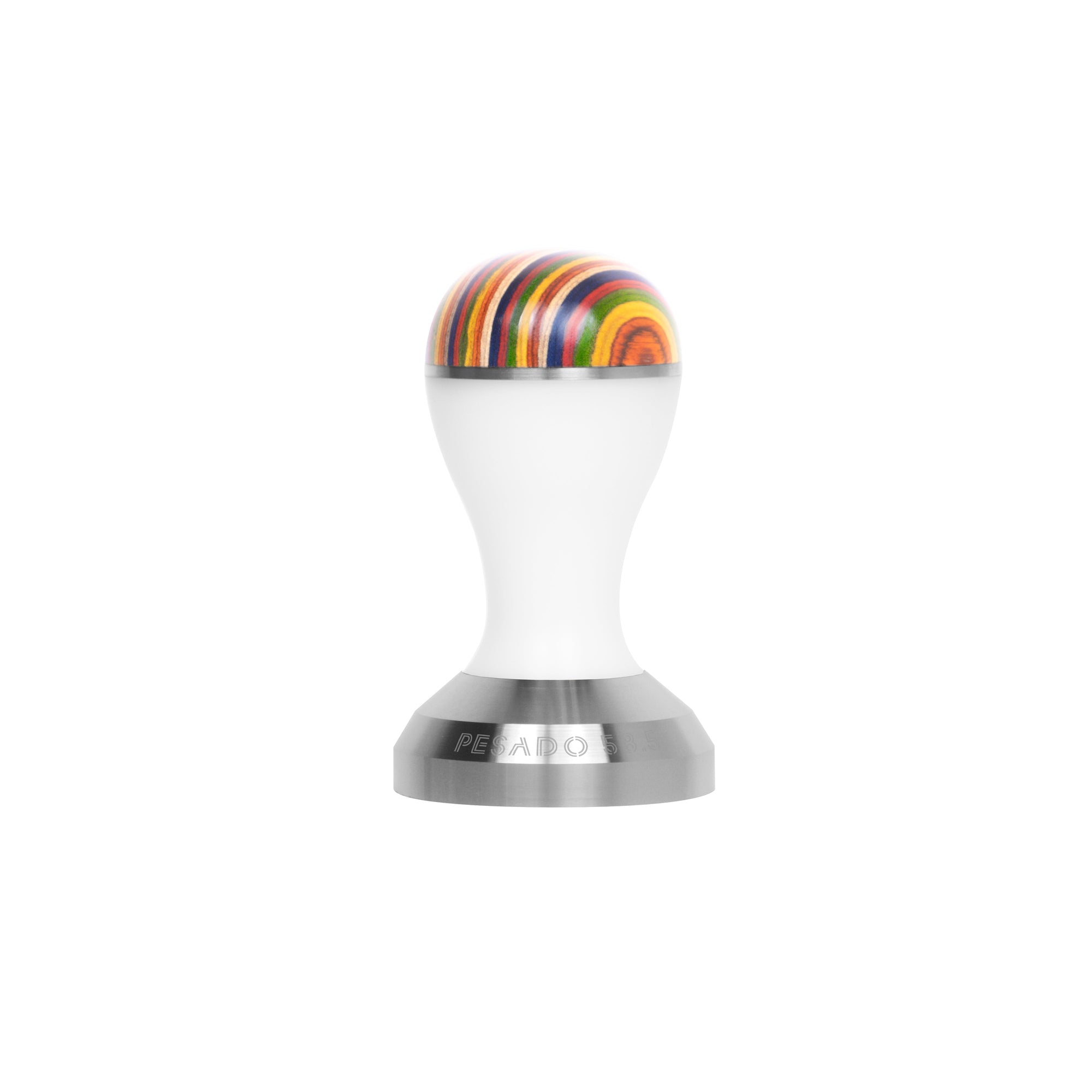 A stainless steel tamper with a black handle used for compressing coffee grounds in an espresso machine