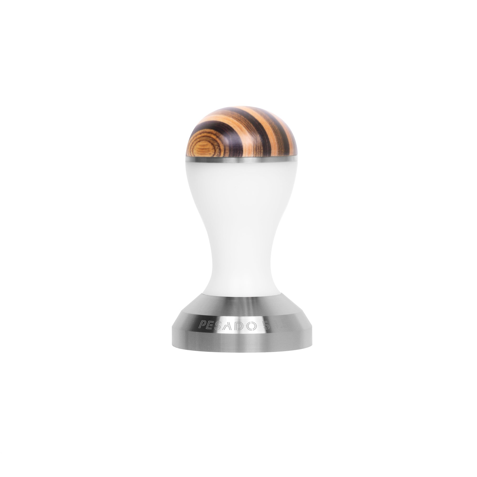 Stainless steel tamper with black handle designed for compacting coffee grounds