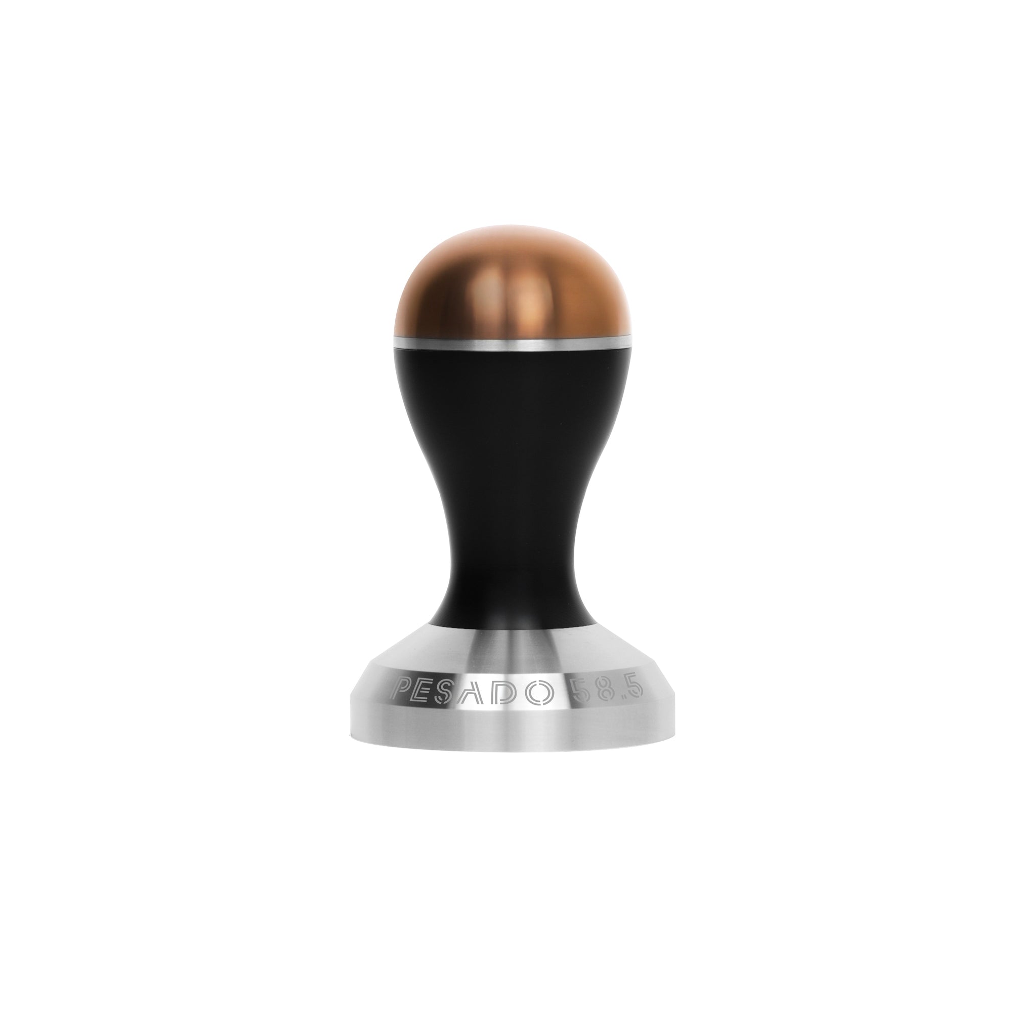 Stainless steel tamper with black handle for evenly pressing coffee grounds in portafilter