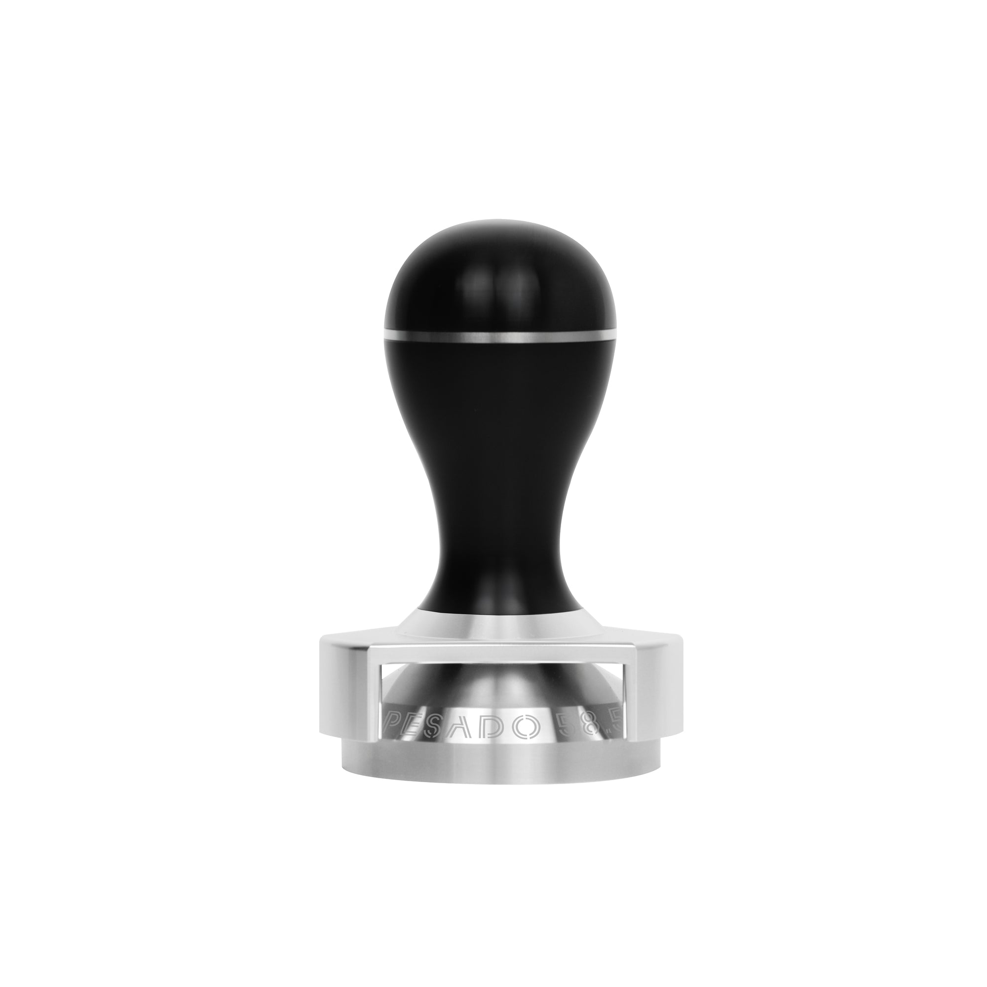 A stainless steel tamper with a black handle for compacting coffee grounds