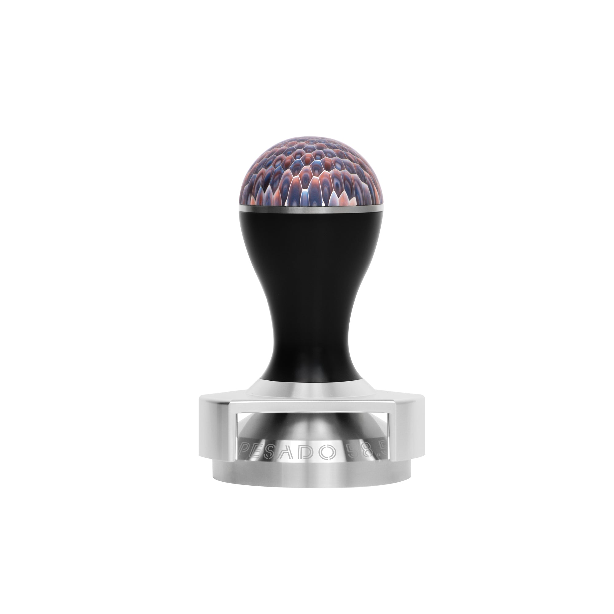 A stainless steel tamper with a black handle, used for compressing espresso grounds in a coffee portafilter