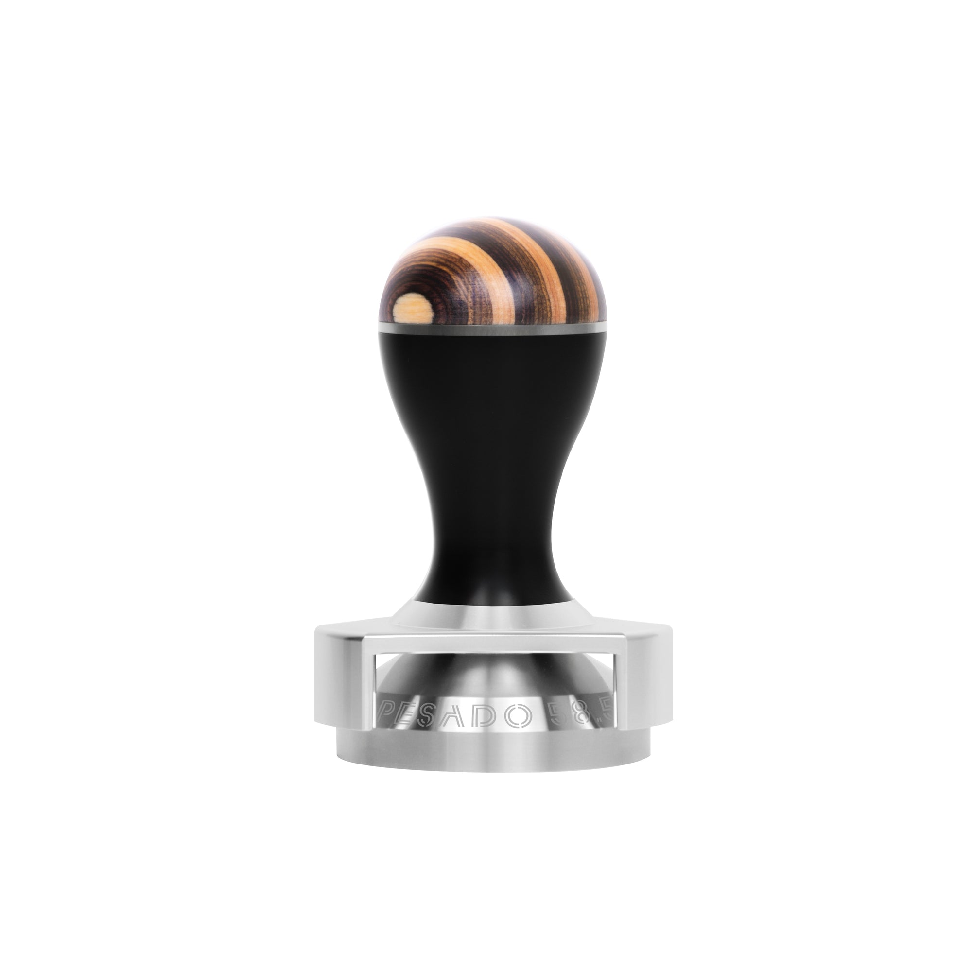 Close-up image of a stainless steel espresso tamper with a black handle