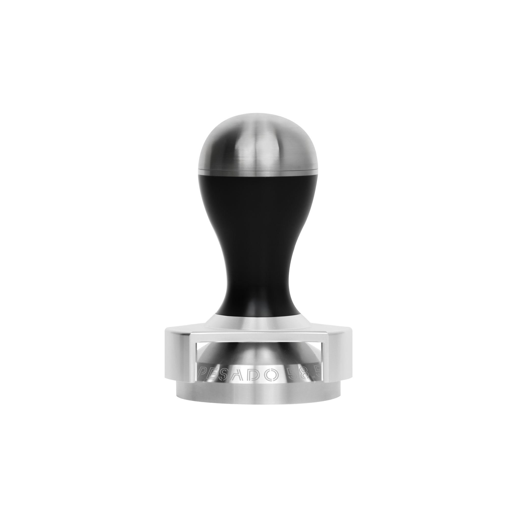 A stainless steel tamper tool with a wooden handle for coffee preparation