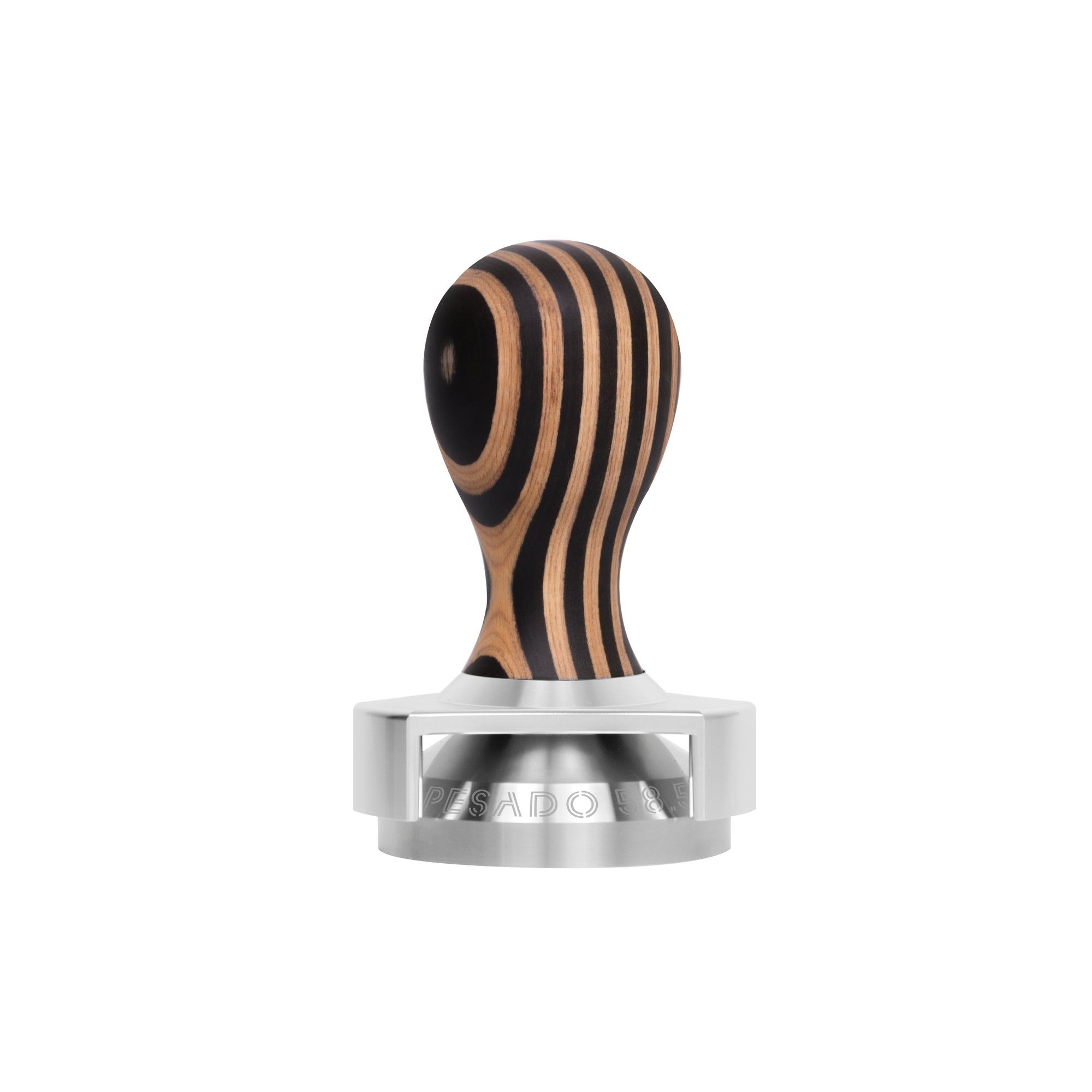 A stainless steel tamper with a wooden handle, used for compressing coffee grounds in an espresso machine