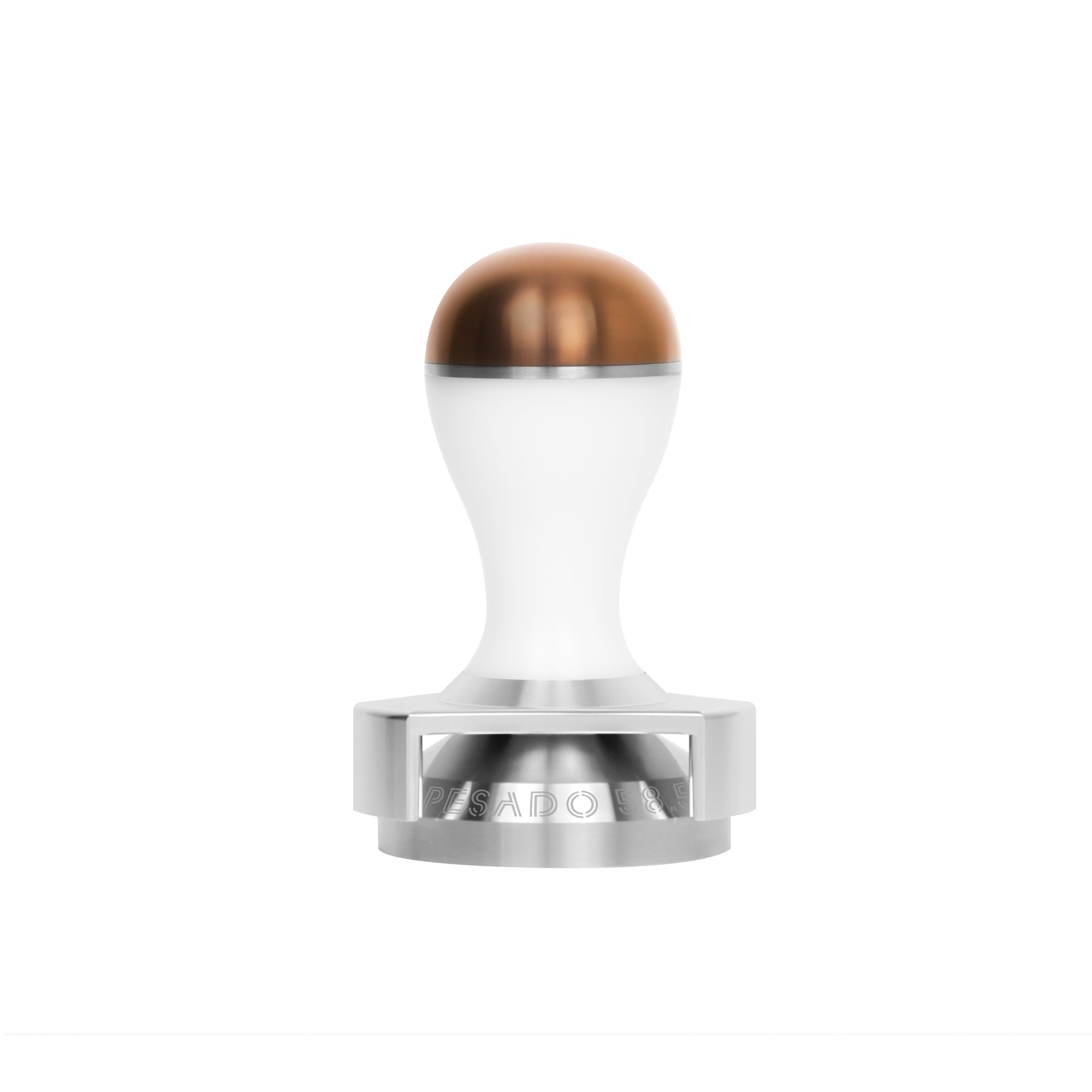 A close-up image of a stainless steel tamper with a black handle, used for pressing down coffee grounds in a portafilter to create a smooth and even espresso shot