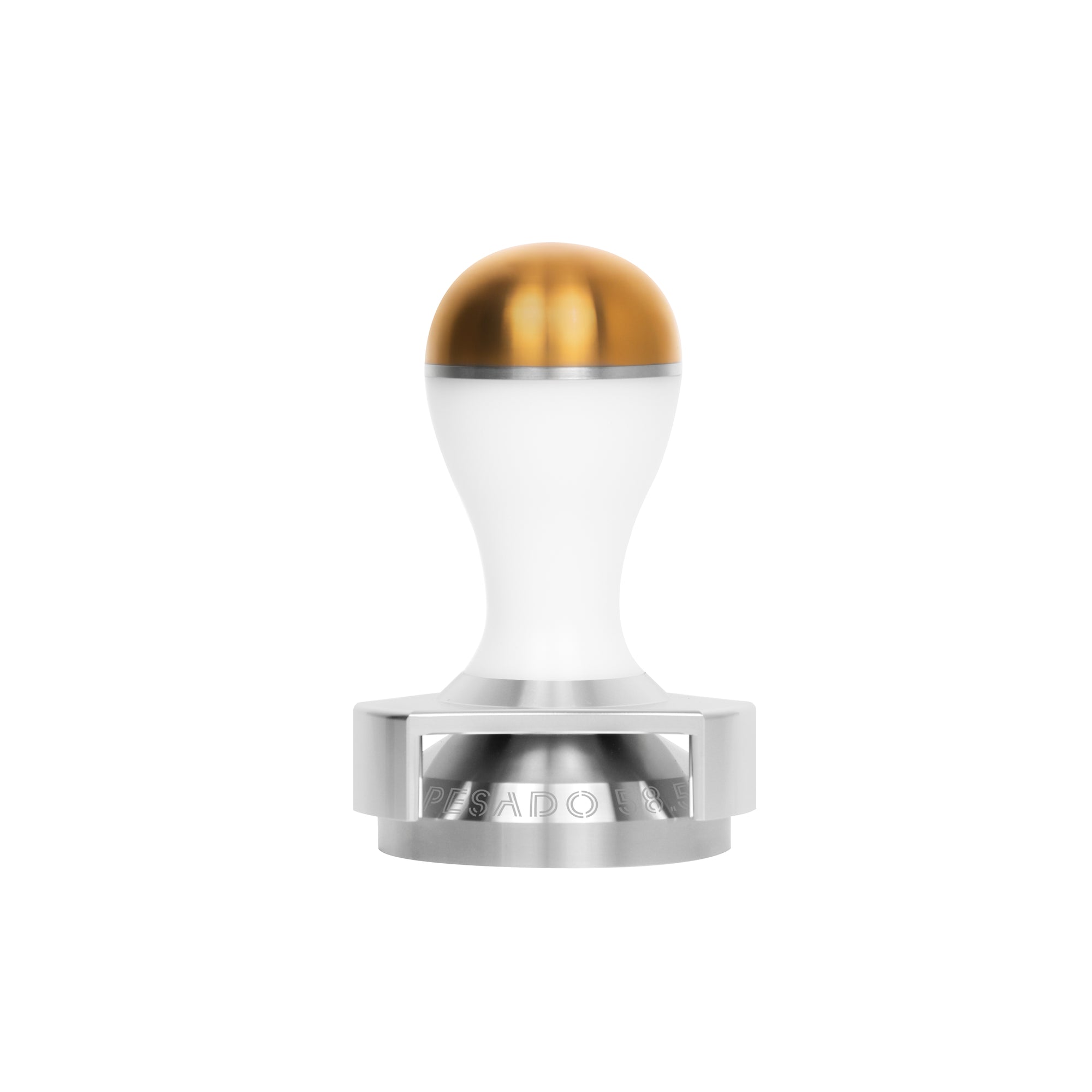 A close-up image of a stainless steel coffee tamper with a wooden handle