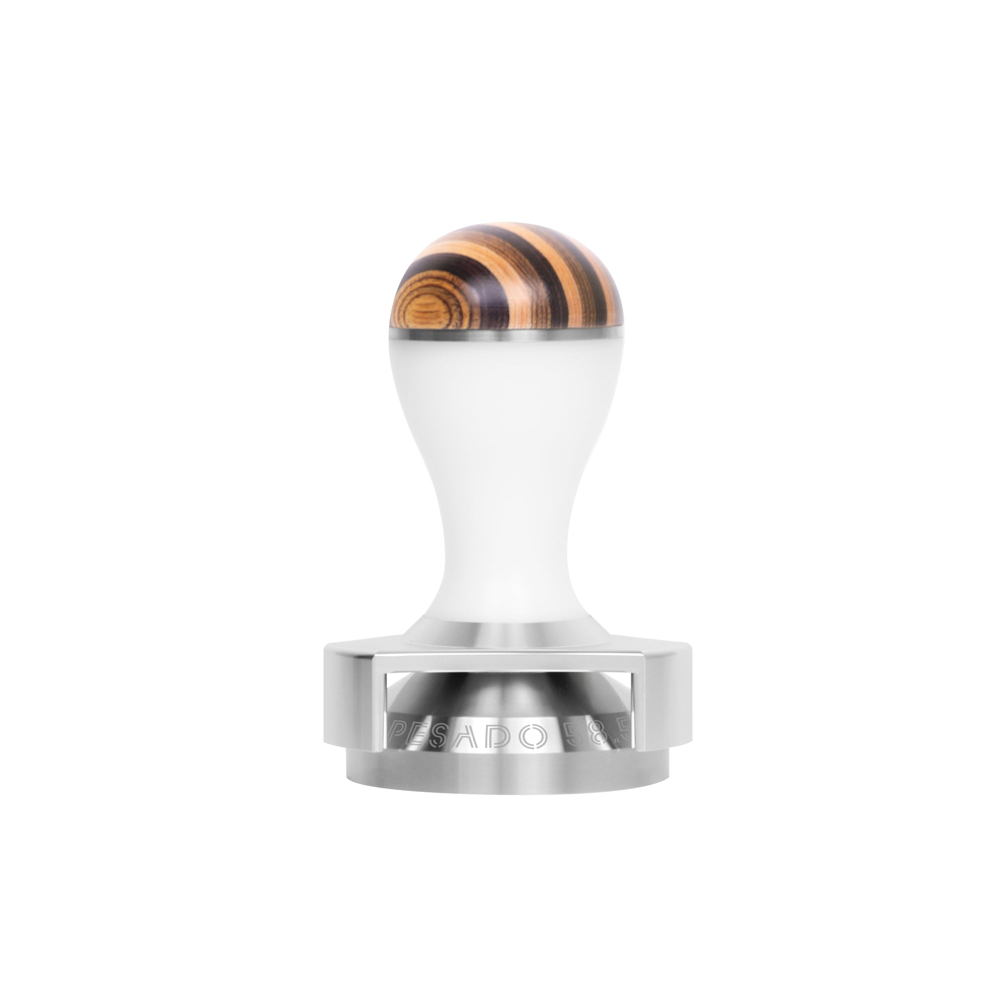 A close-up image of a stainless steel espresso tamper with a wooden handle