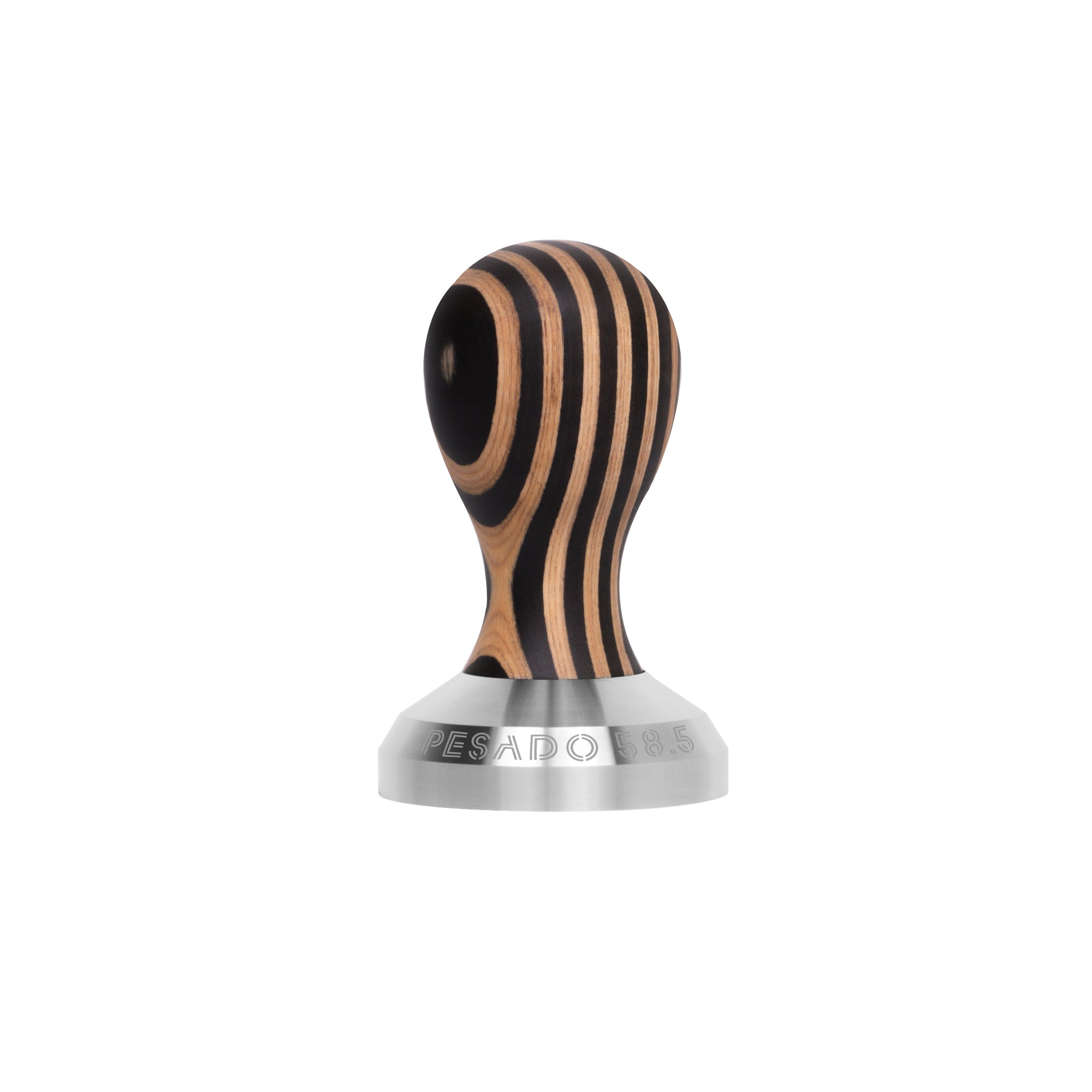 A close-up image of a stainless steel coffee tamper with a wooden handle