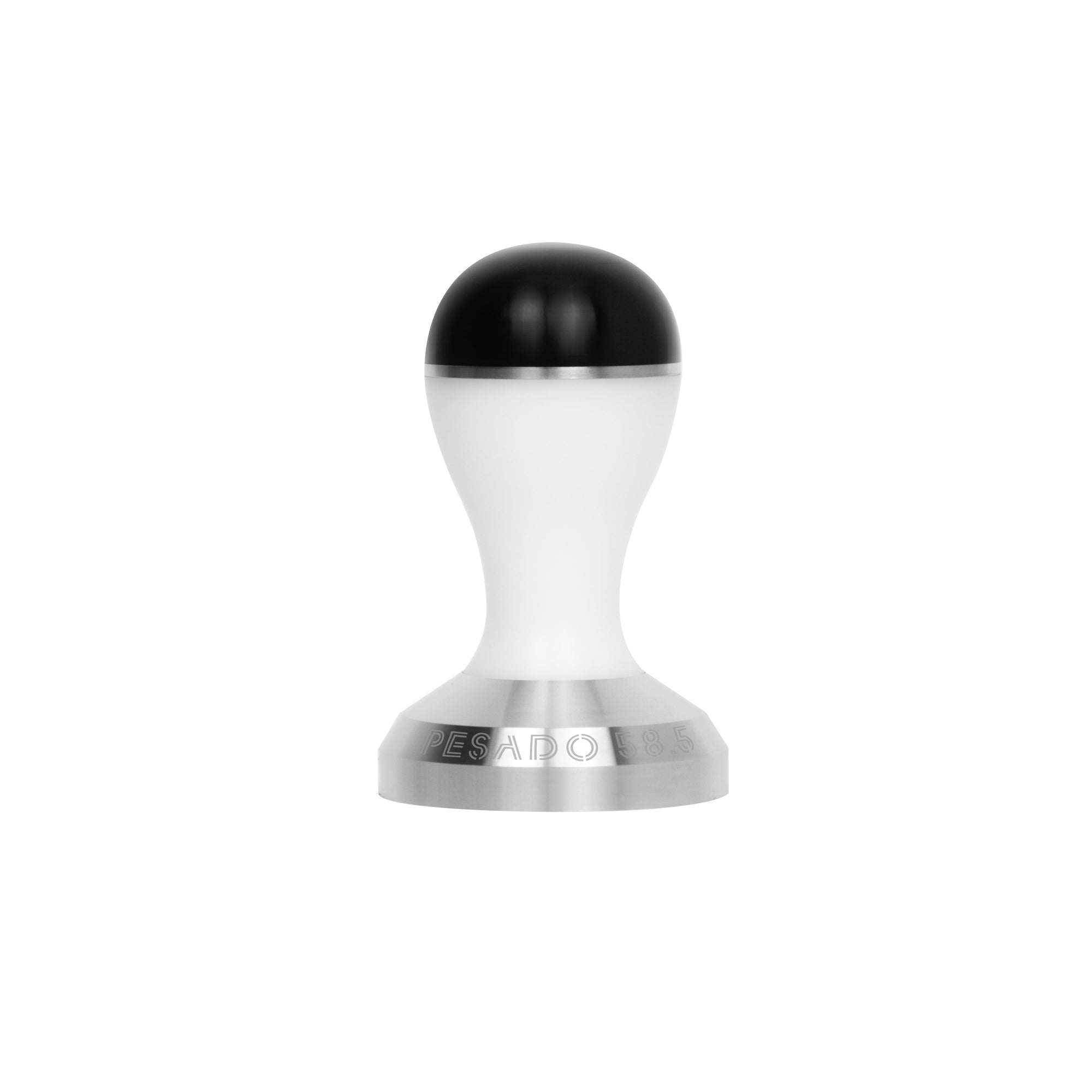 A stainless steel tamper with a black handle used for compacting coffee grounds in an espresso machine